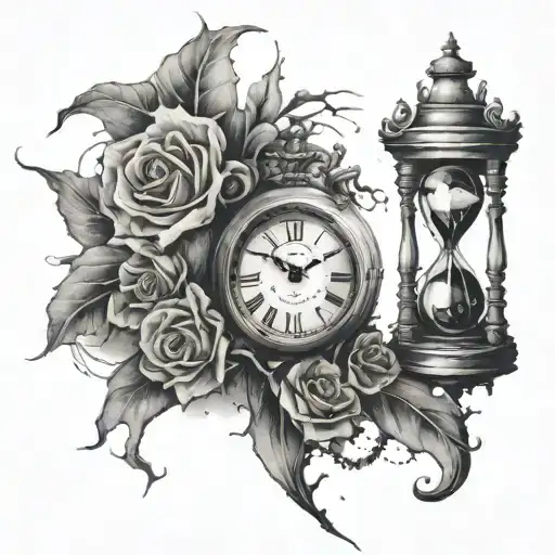 clock with cracks and hourglass tattoo design idea