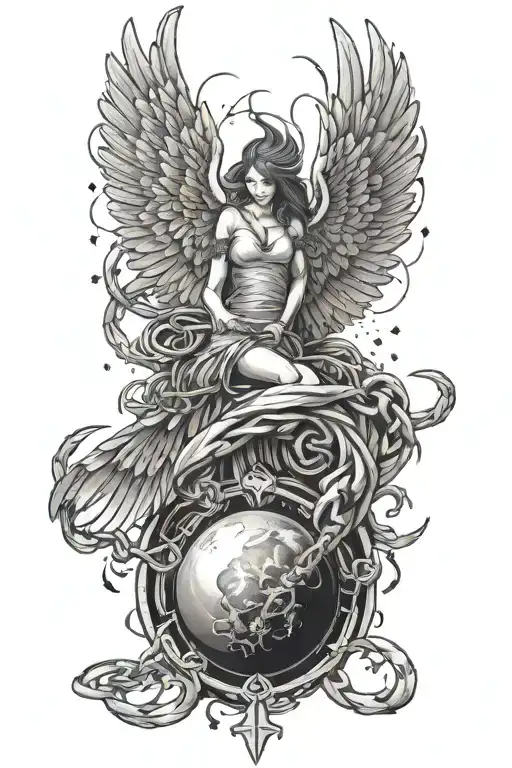Angel wings from a fallen Angel in chains breaking and bursting. With Planets and stars tattoo design idea