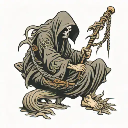 squatting grim reaper tattoo design idea