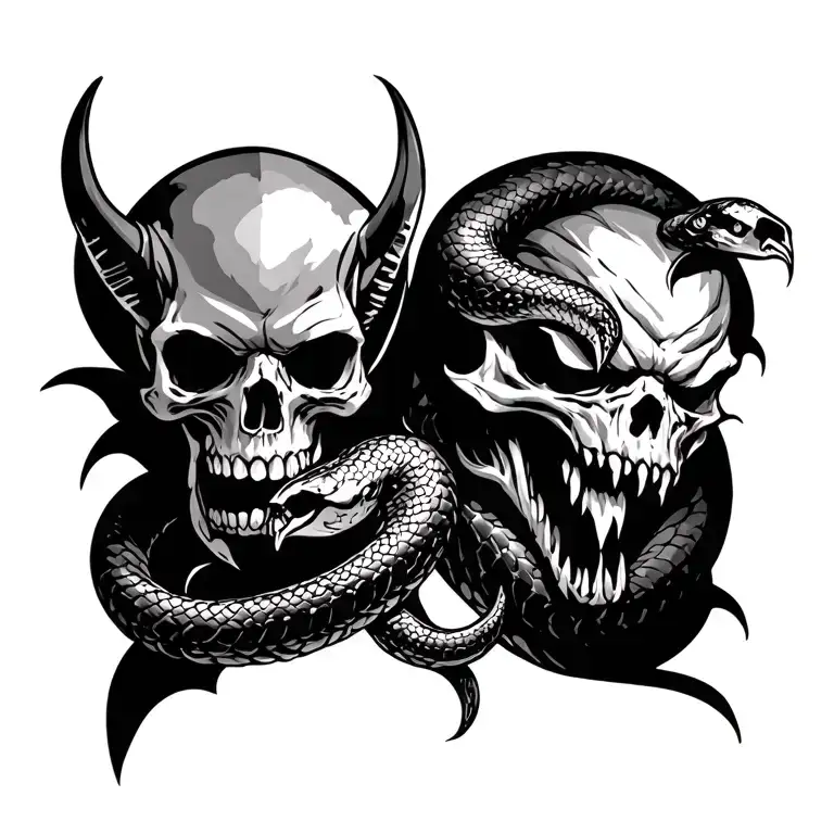 knife, demon and snake with a skull tattoo design idea