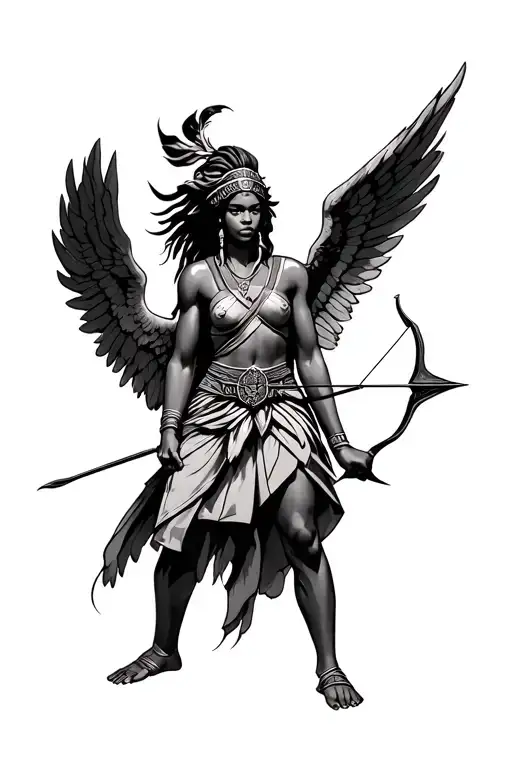 African angel warrior holding bow and arrow tattoo design idea