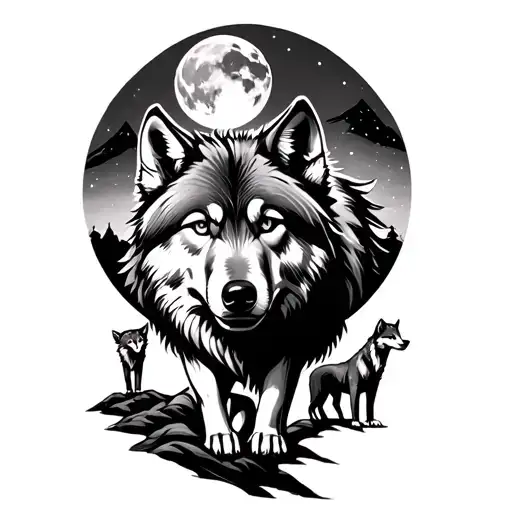 main alpha wolf with moon in the band ground and 3 wolf cubs on the mountain  tattoo design idea