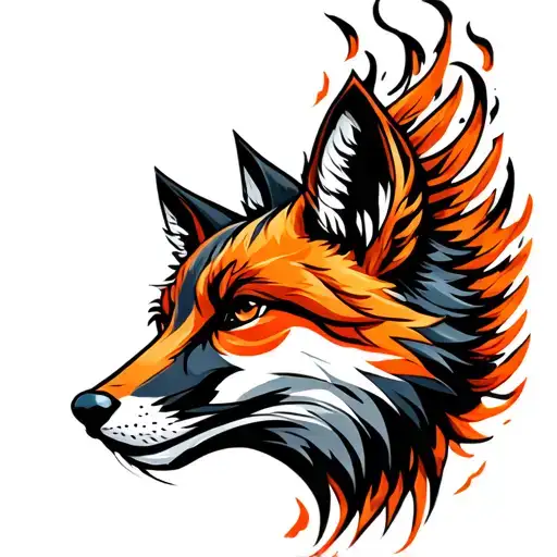 Melanistic Cross Fox head mixed with Phoenix rising from ashes facing forward tattoo design idea