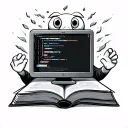 an open book with googlie eyes, holding a computer. There is code coming out of the pages of the book tattoo design idea