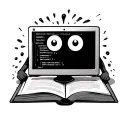an open book with googlie eyes, holding a computer. There is code coming out of the pages of the book tattoo design idea