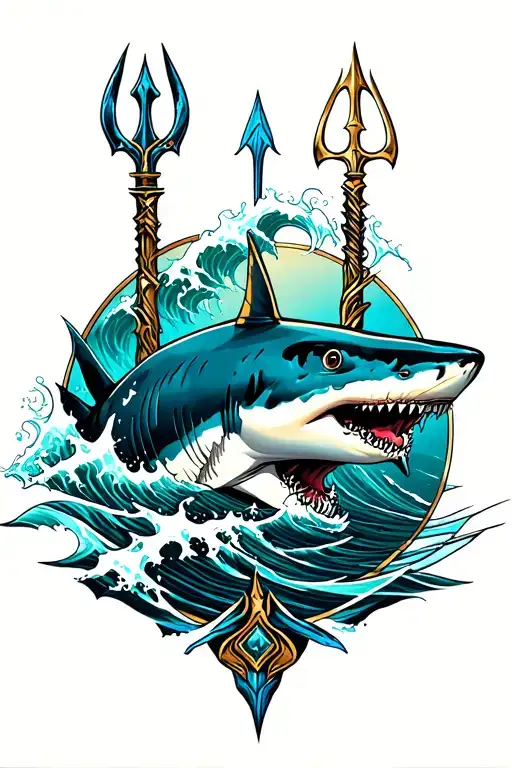 Poseidons Trident With Waves crashing and shark swimming tattoo design idea