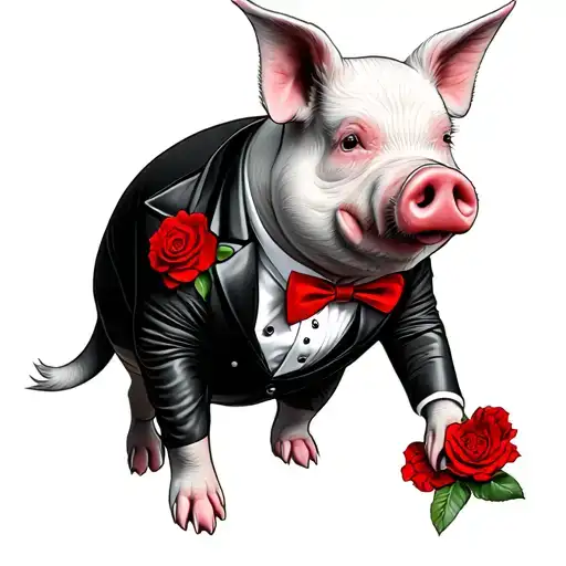 GANGSTER PIG WITH TUXEDO WITH RED BOWTIE AND RED FLOWER ON LAPEL tattoo design idea