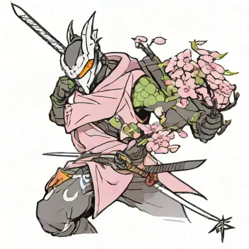 I want genji from overwatch in a pink hoodie with cherry blossoms and a dragon and sword tattoo design idea