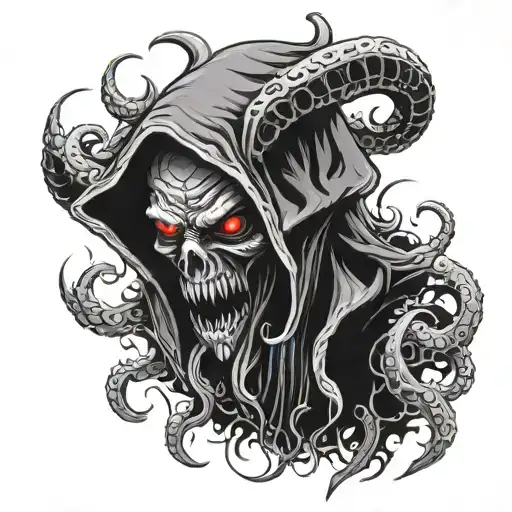 Hooded demon with tentacles protruding from around his dark shape tattoo design idea