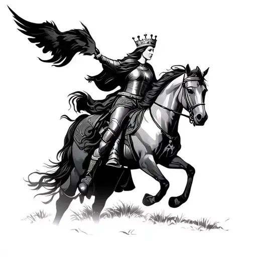 queen catherine of bosnia fleeing from kraljeva sutjeska on horse, full armored, with crown, looking over left shoulder  tattoo design idea