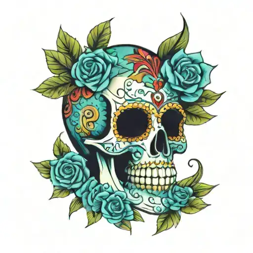 Mexican skull with nice models. No eyes, as they are covered. Main colors dark green and sky blue. Also add other colors tattoo design idea