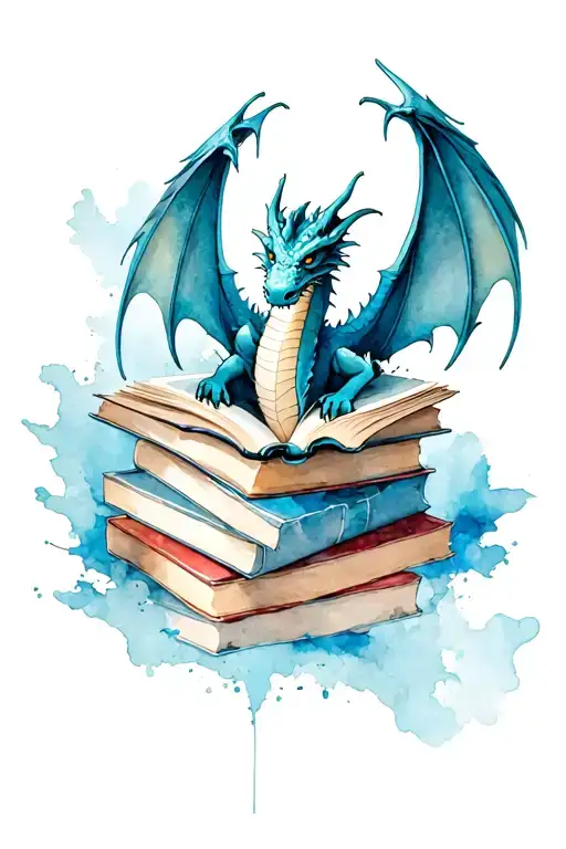 a stack of books, with one on top that is open that has a dragon flying out of the book tattoo design idea