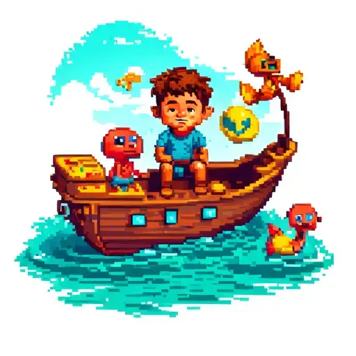 A whimsical illustration of a cartoon version of your son Atlas sitting on a pixelated fishing boat, surrounded by cute video game characters tattoo design idea