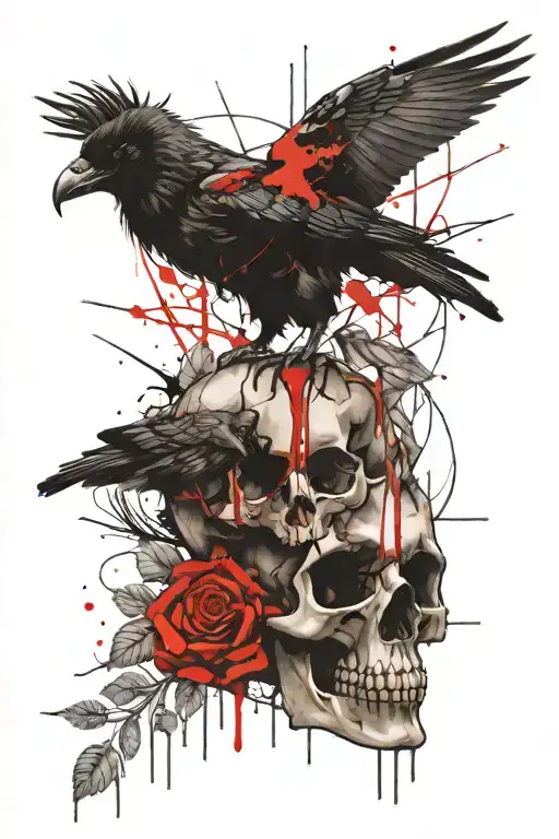 crow, skull and roses tattoo design idea