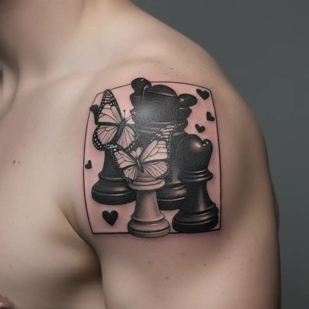 unique 3 sister tattoo with either butterflies, hearts and chess pieces that we can each have individually  tattoo design idea