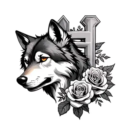 wolf and roses interwined with a cross tattoo design idea