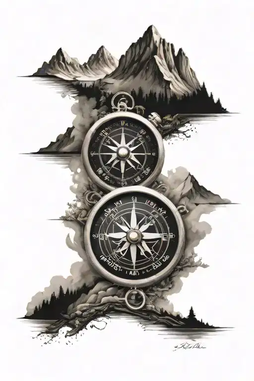 Compass,Infinity symbol,Three stars,Roman numerals XXII.XII.MCMXCIX,Mountain silhouette tattoo design idea