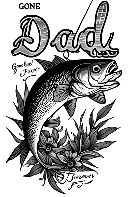 "Dad" "Gone Bush Forever Free " memorial tattoo for dad who loved fishing and hinting Dad tattoo design idea