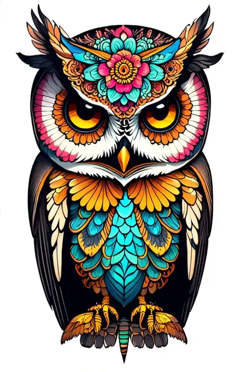 perched owl, sugar skull, moth, mandala tattoo design idea