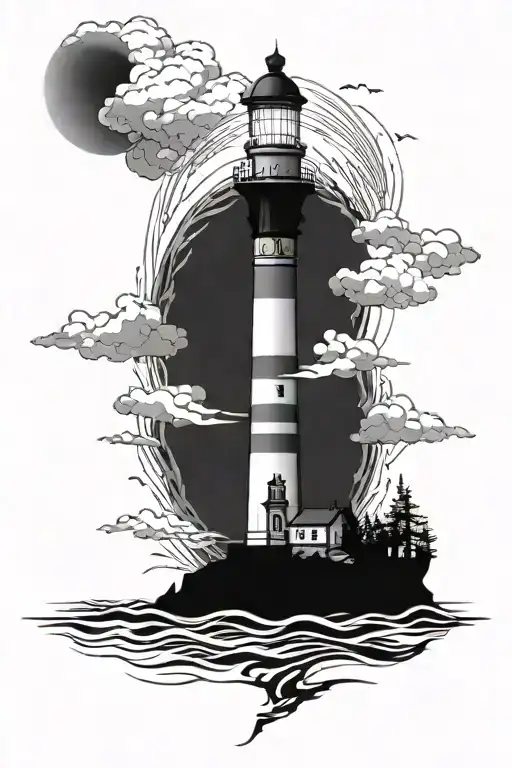 spinal tattoo lighthouse surrounded by ocean tattoo design idea