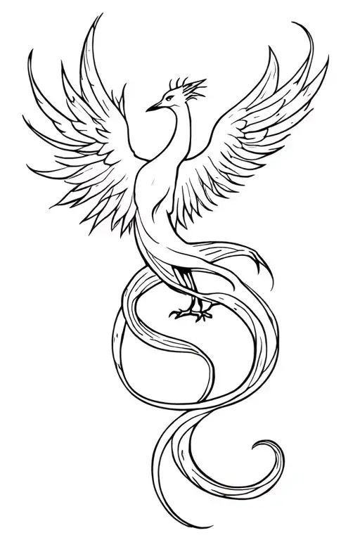 Phoenix  snaking acorss upper thigh tattoo with a firey tail in black and white tattoo design idea