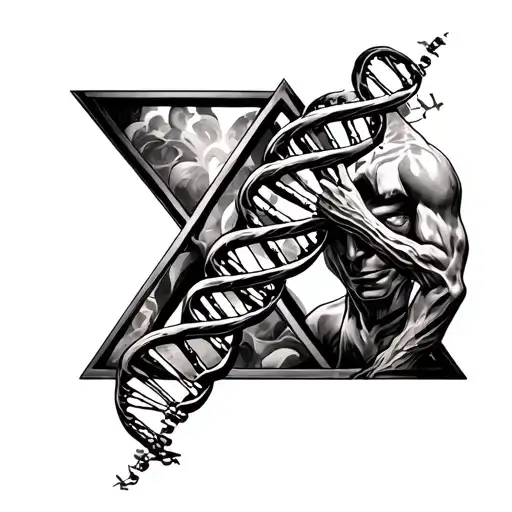 Vitruve man with DNA Strands inside a triangle tattoo design idea