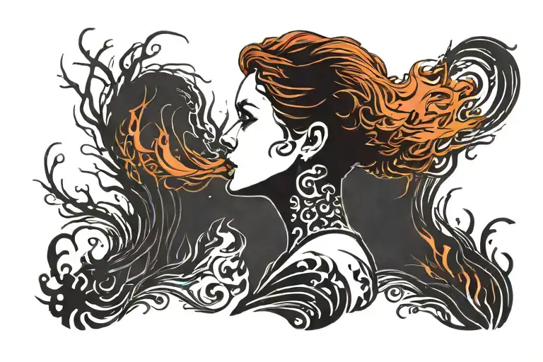 A black silhouette of a girl in profile with short red hair and a thrown back head against a background of fire, notes b tattoo design idea