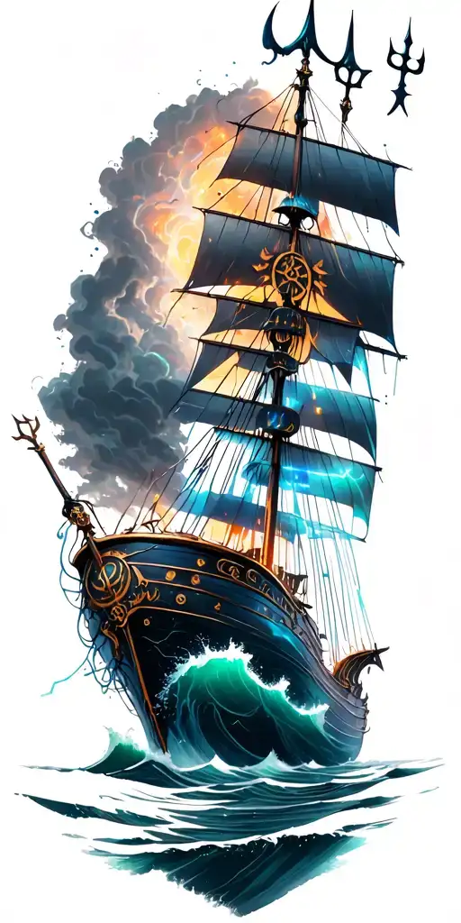 Poseidon with trident sinking a ship sailing through stormy seas tattoo design idea