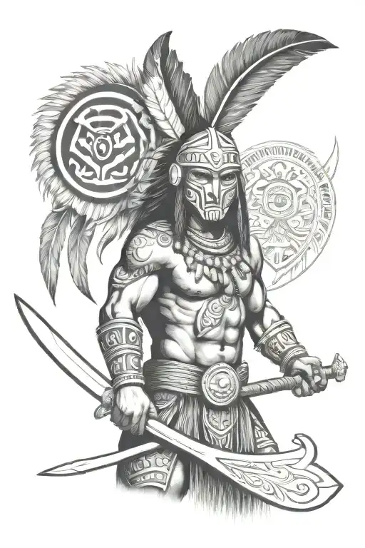 perto rican male taino warrior wearing a vejigante mask while weilding a spear and shield tattoo design idea