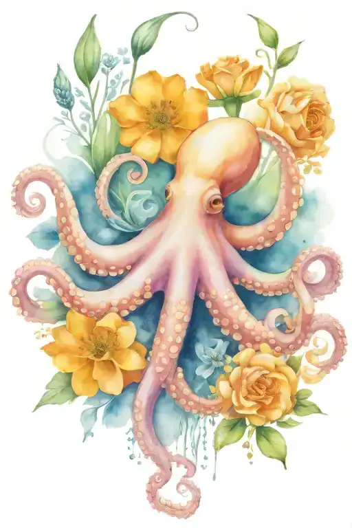 octopus, snowdrop, rose,  marigold flower tattoo design idea