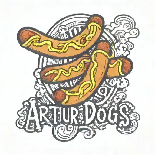the name Arthur written surrounded by cartoon hot dogs tattoo design idea