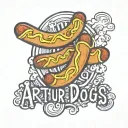 the name Arthur written surrounded by cartoon hot dogs tattoo design idea