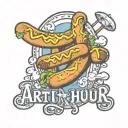 the name Arthur written surrounded by cartoon hot dogs tattoo design idea