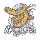 the name Arthur written surrounded by cartoon hot dogs tattoo design idea