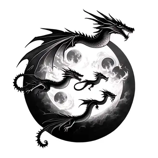 four small dragons flying in a line and breathing fire with two full moons tattoo design idea