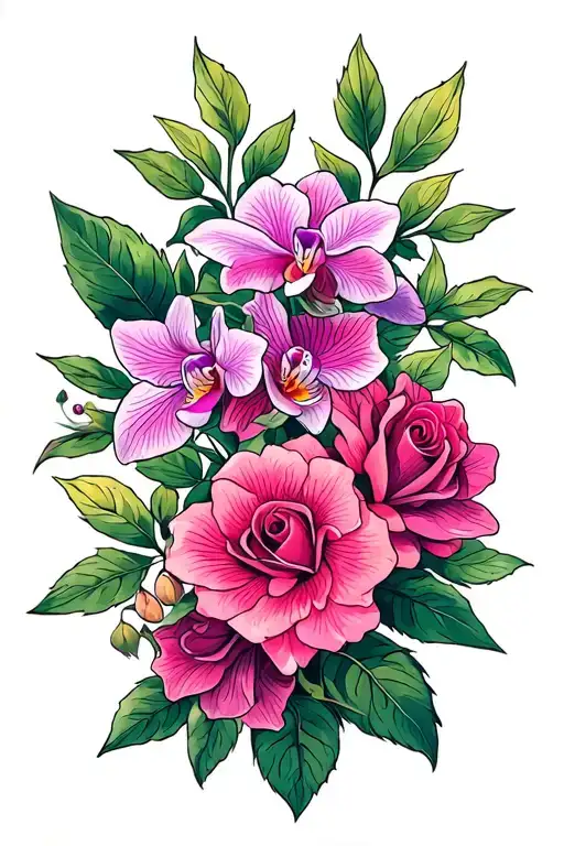 rose, orchid, azalea, sweet pea flower tattoo design idea