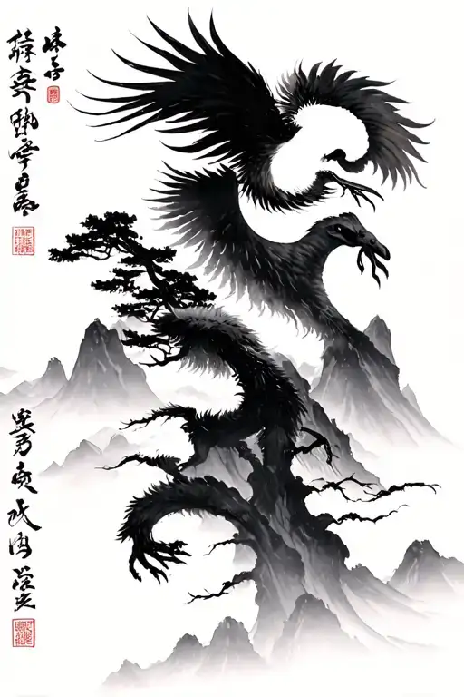 Japanese sumi-e realist black and white tengu in mountain scene ten original ox herding zen pictures placed up path tattoo design idea