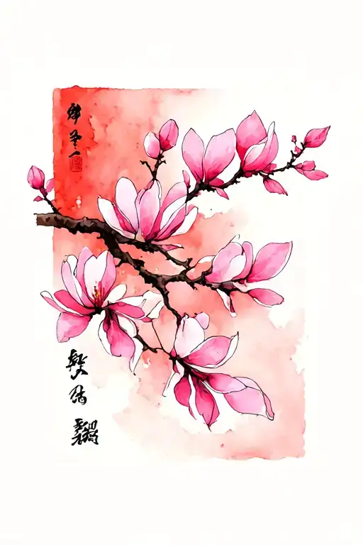 A Japanese-inspired illustration featuring a delicate branch adorned with vertically arranged soft pink magnolia blossom tattoo design idea