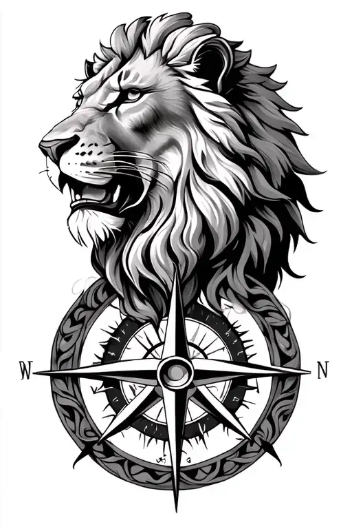 lion face and compass rose intertwined tattoo design idea