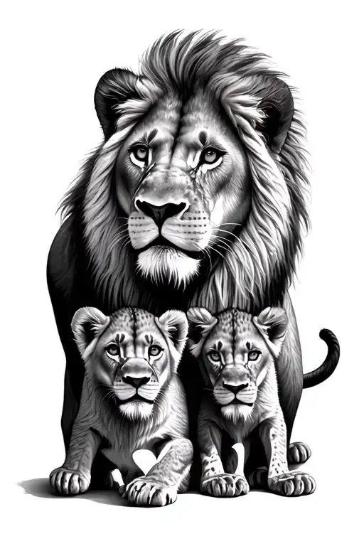 lion, lioness, 2 lion cubs tattoo design idea