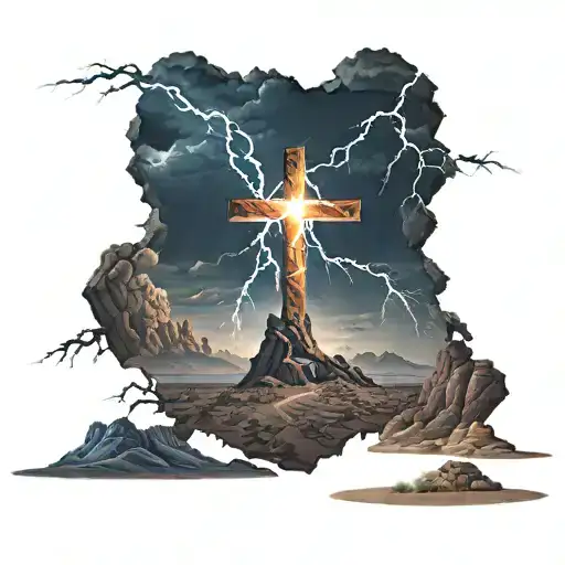 dark thunder storm in desert with striking lighting thats in the shape of a cross tattoo design idea