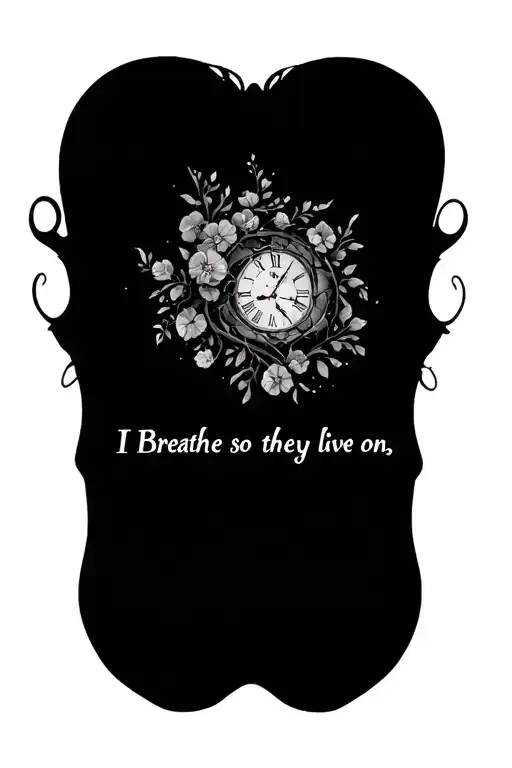 " I Breathe so they live on" shattered clock face with flowers loss of family tree intertwined tattoo design idea