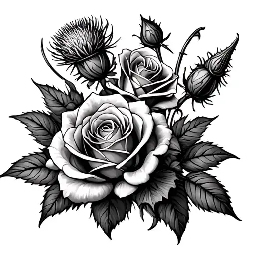 roses and scottish thistle tied together tattoo design idea