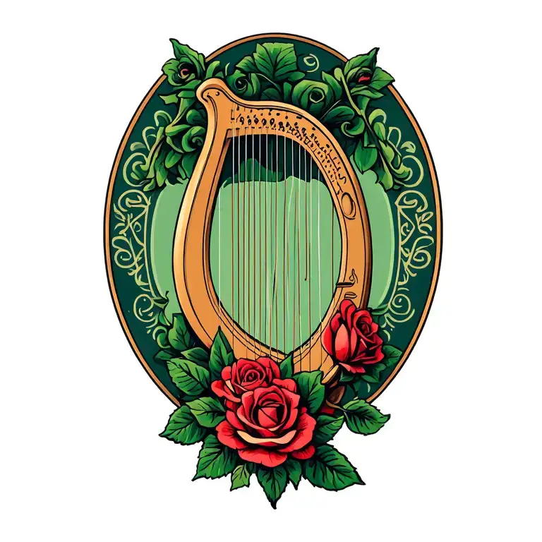 irish harp with roses intertwined tattoo design idea