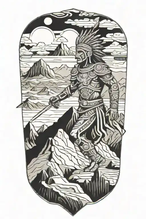 Historical Aztec warrior in a mountain landscape tattoo design idea