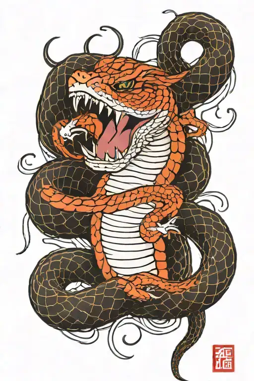 snake biting into scar on arm, angel coming out victorious over ssnake tattoo design idea