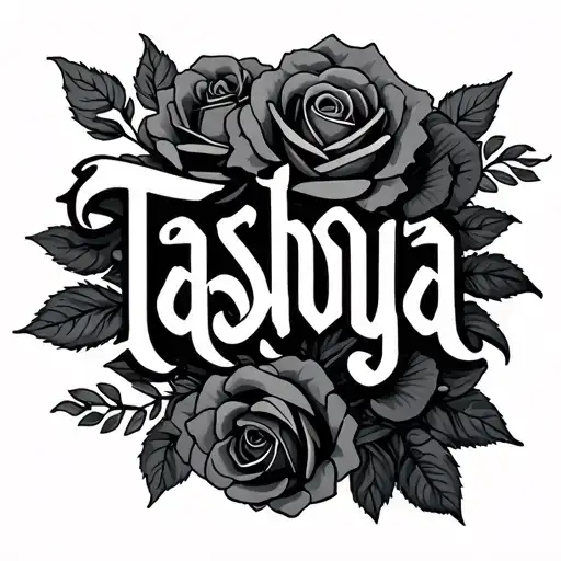 tashoya fancy font surrounded by roses tattoo design idea