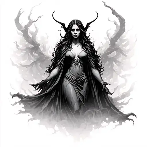 The Warden — , succubus, solemn figure, mysterious, that emerges from the fog to watch over memories, loss. grief   tattoo design idea