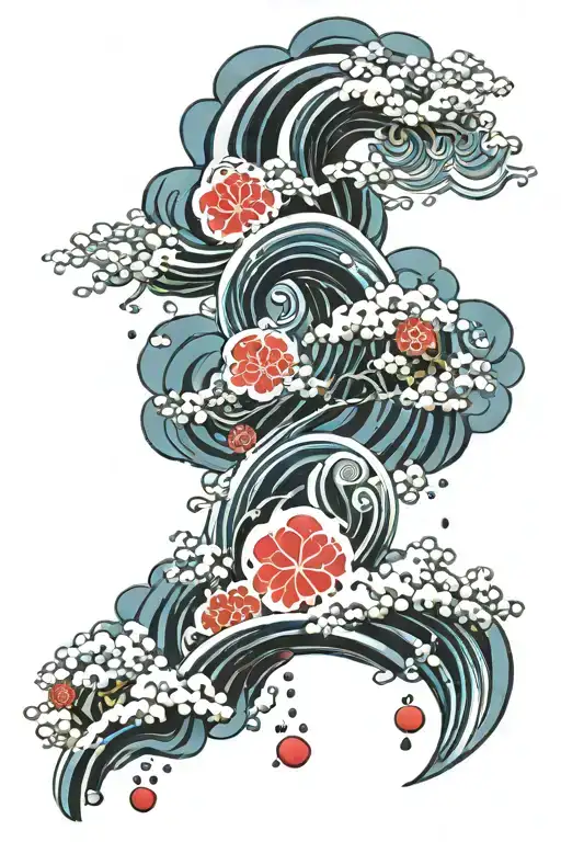 Japanese fire, wind, earth, water element in bubbles with sakura flowers and clouds tattoo design idea