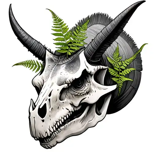 Triceratops skull with fern tattoo design idea
